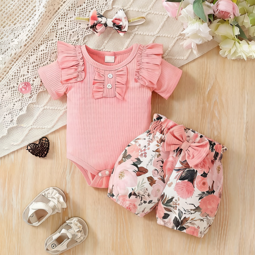 3PCS Cozy Floral Print Short Sleeve Baby Set