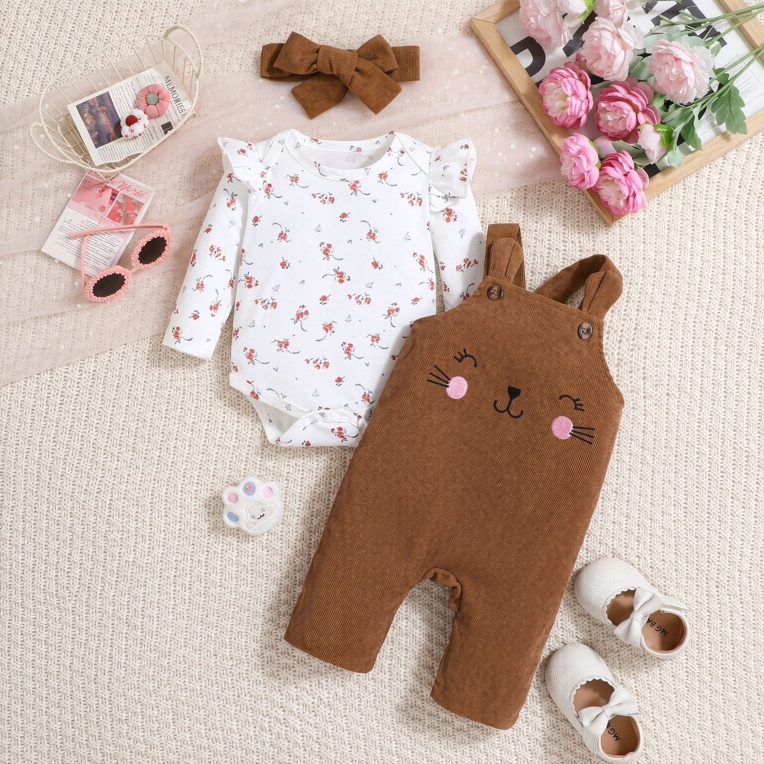 3PCS Lovely Embroidered Cat and Floral Printed Overalls Baby Girl Set