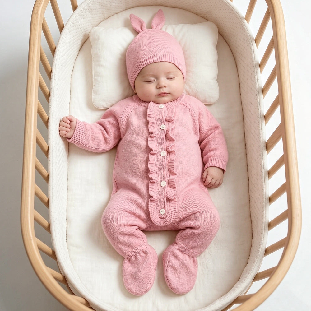2PCS Cozy Solid Color Ruffle Long Sleeve Knit Baby Girl Jumpsuit