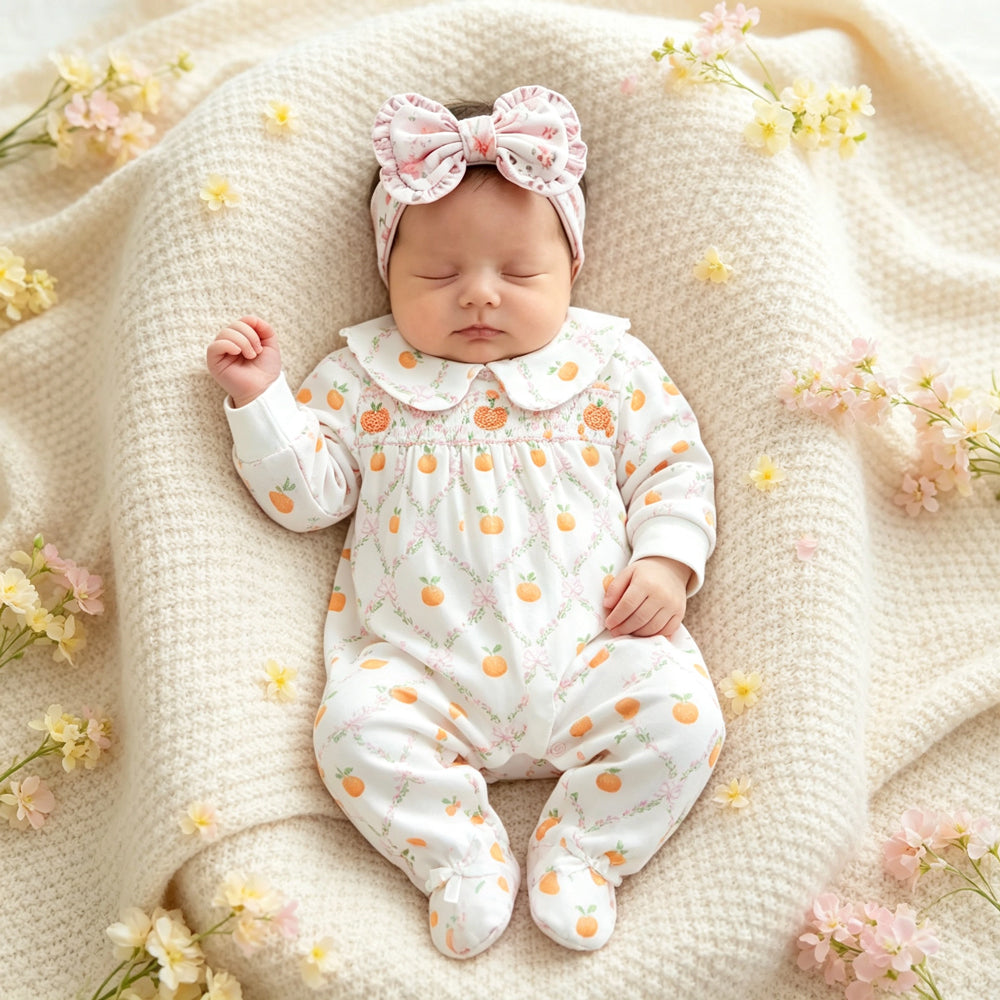Sweet Orange and Floral Printed Long Sleeve Baby Jumpsuit