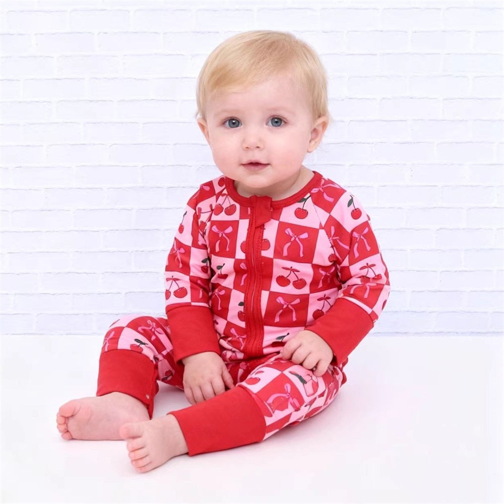 Cherry and Bow Print Long Sleeve Zip Baby Jumpsuit