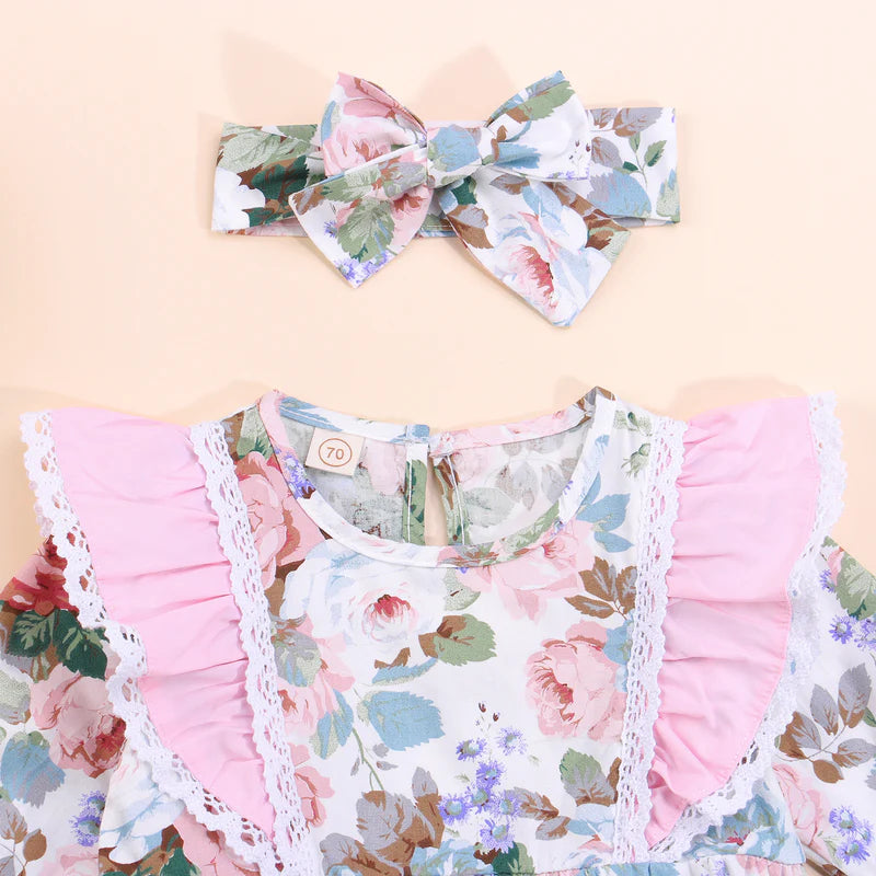 2PCS Romantic Floral Printed Long Sleeve Baby Romper