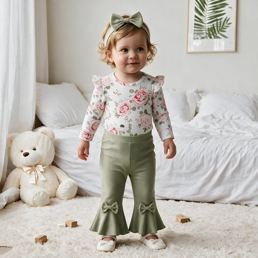3PCS Fresh Floral Print Bowknot Long Sleeve Baby Girl Set