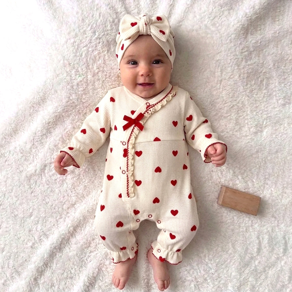 2PCS Delightful Heart Print Long Sleeve Ruffle Baby Jumpsuit