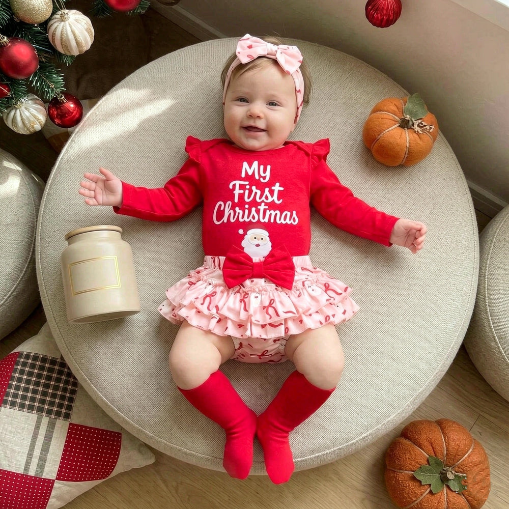 4PCS My First Christmas Letter Bow Santa Claus Print Baby Set