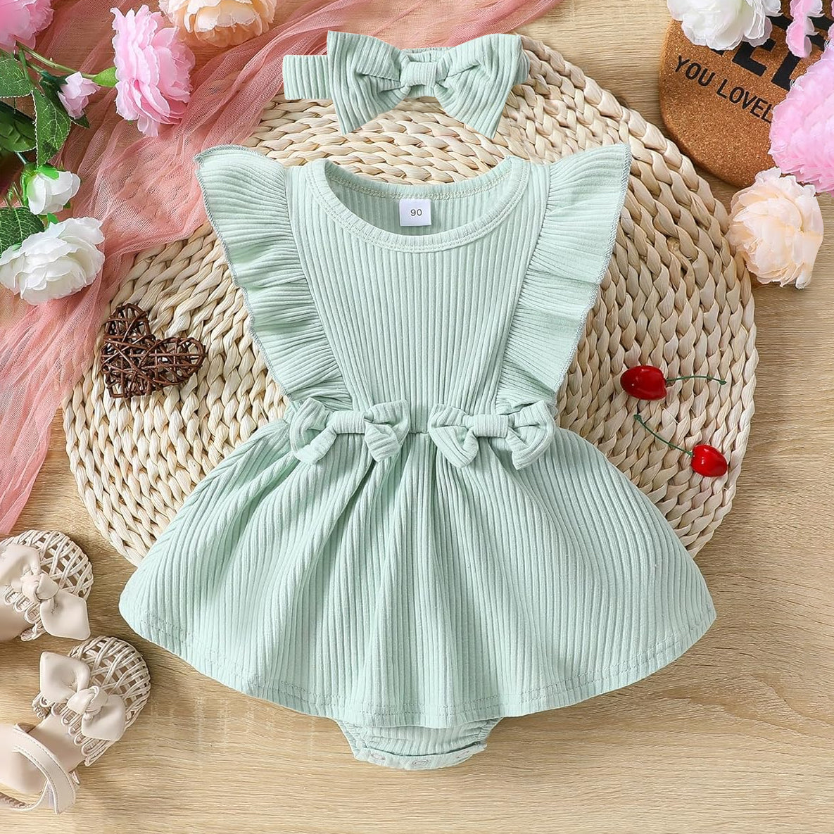 2PCS Sweet Solid Color Printed Baby Romper
