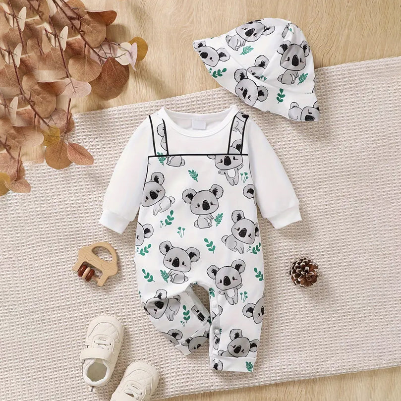 2PCS Casual Koala Printed Faux Two Piece Long Sleeve Baby Jumpsuit