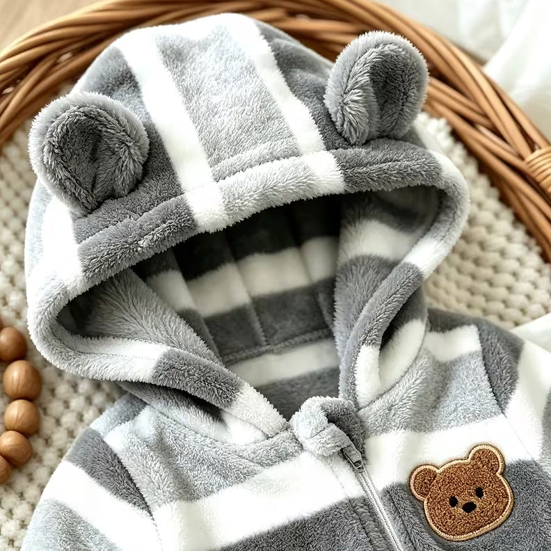 Casual Bear Applique Striped Long Sleeve Baby Zipper Hooded Fleece Jumpsuit