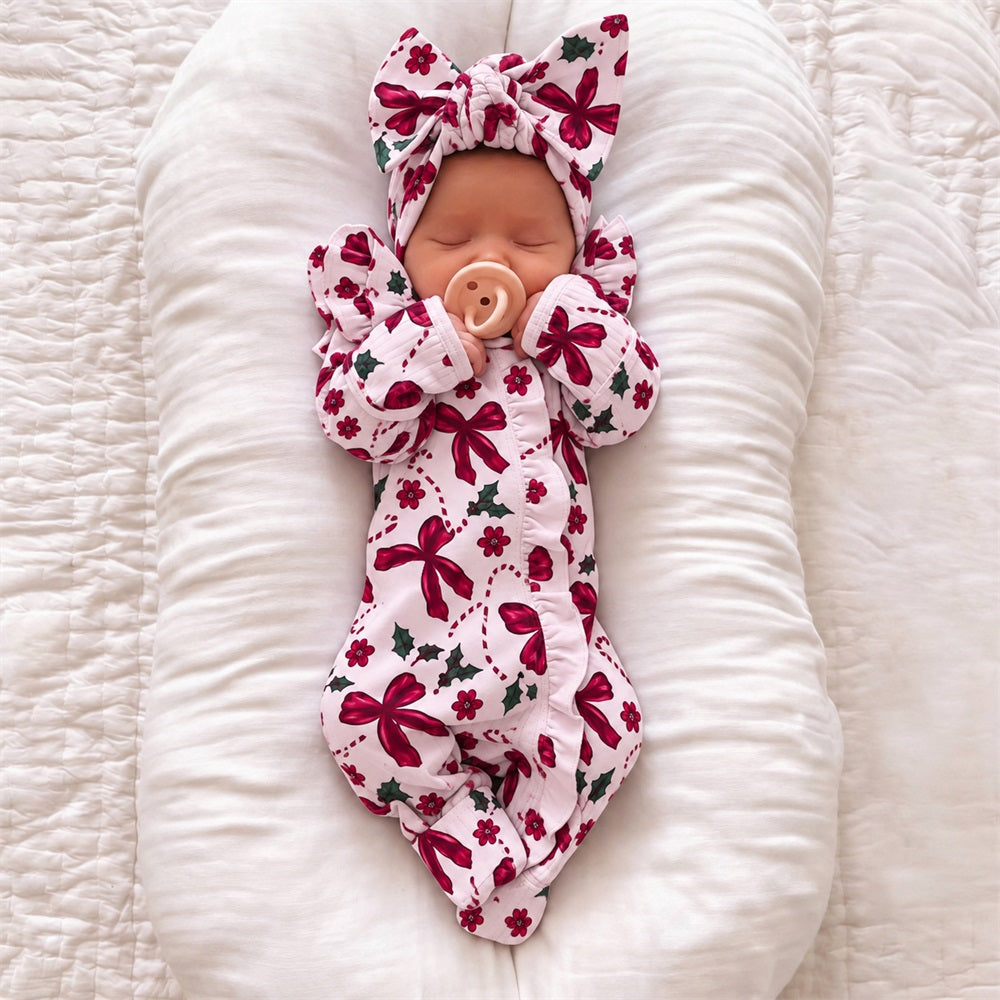 2PCS Christmas Bow Print Ruffle Long Sleeve Zipper Jumpsuit