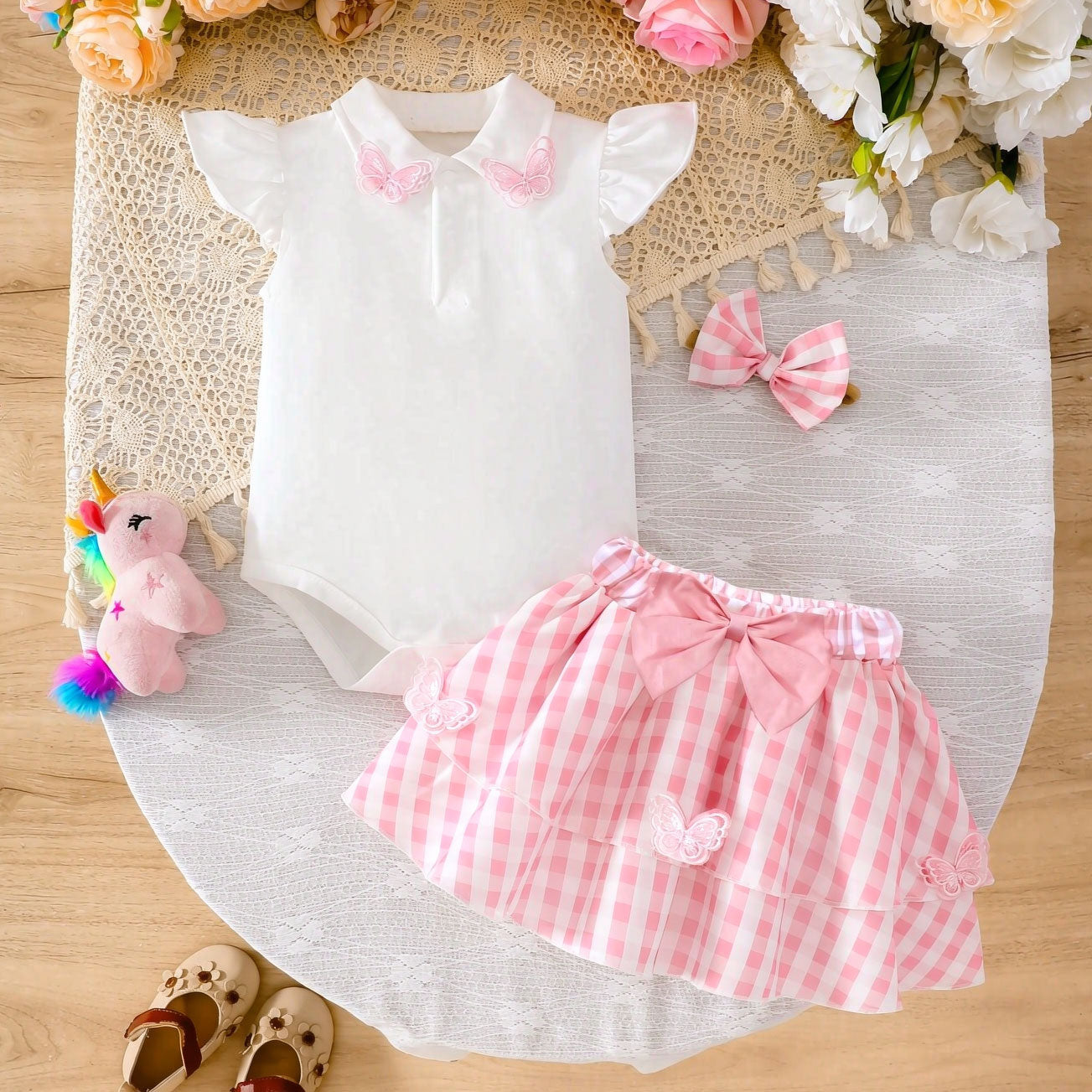 2PCS Plaid Print Butterfly Appliqués Flutter Sleeve Baby Set