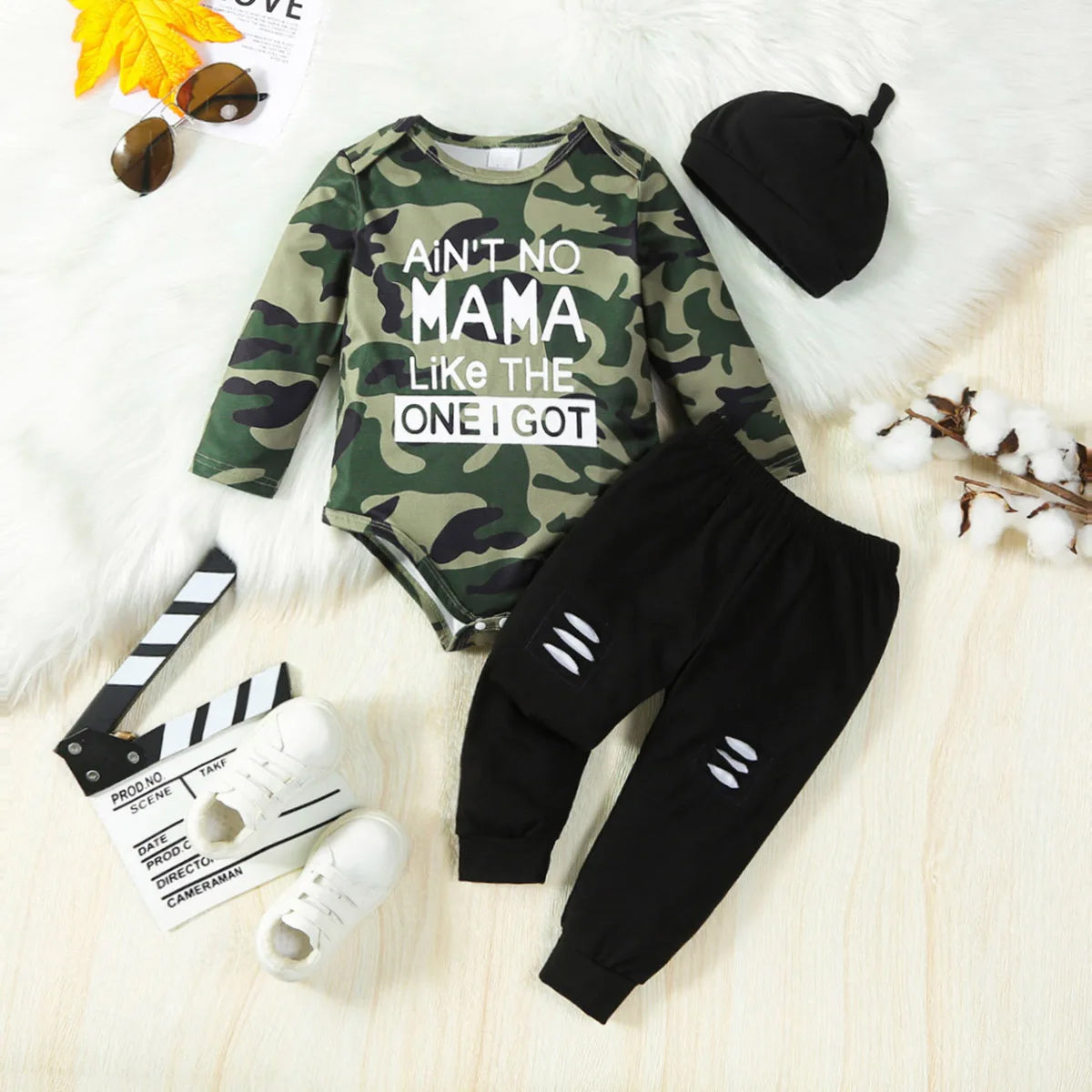 3PCS Cool Letter Camouflage Printed Long Sleeve Baby Set