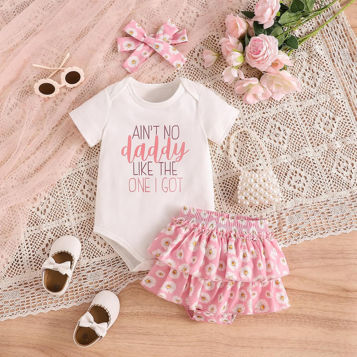 3PCS Ain't No Daddy Like The One I Got Letter Floral Print Baby Set