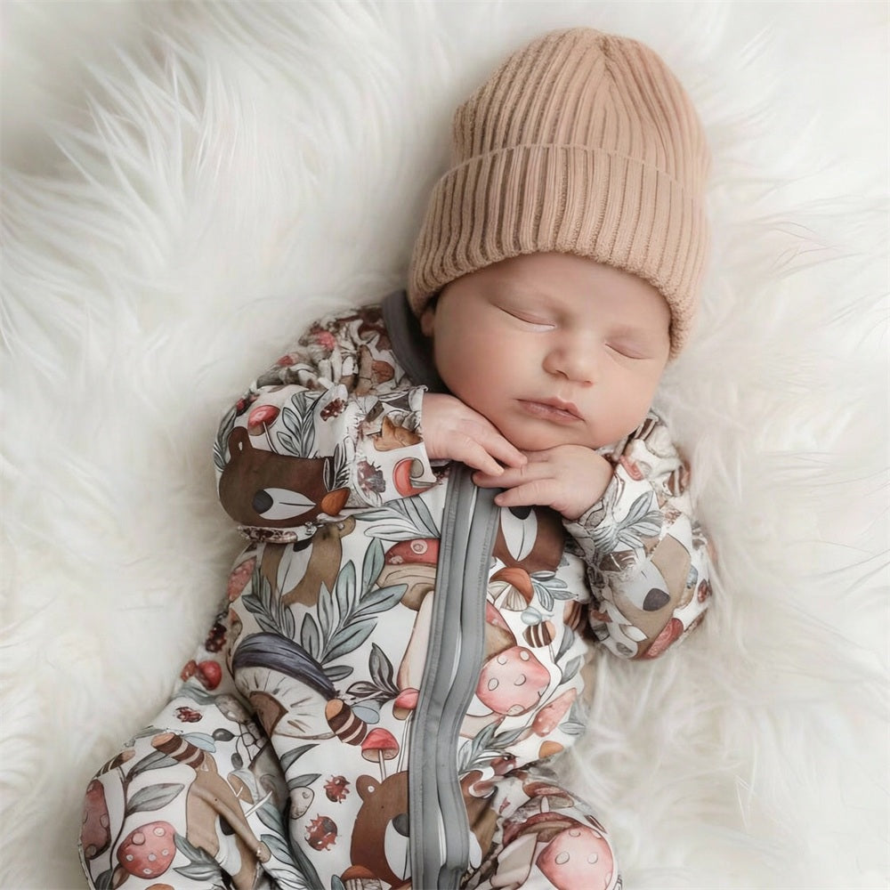 Cute Mushroom Bear Printed Long Sleeve Baby Jumpsuit