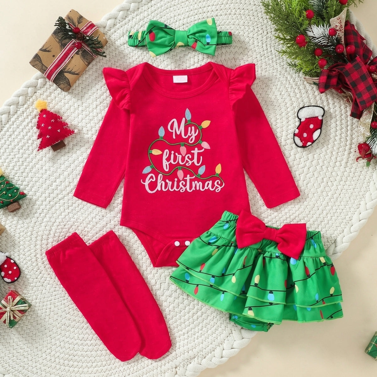 4PCS My First Christmas Letter Holiday Lights Print Long Sleeve Baby Girl Set