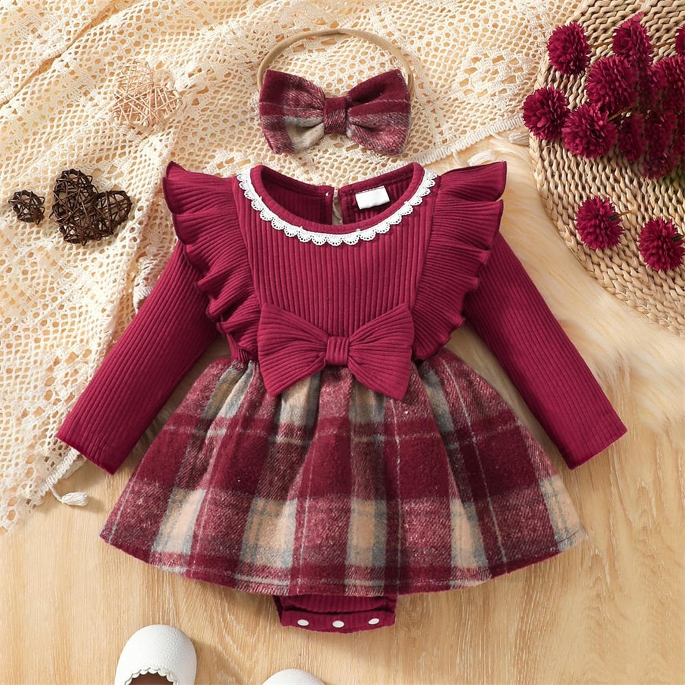 2PCS Fashion Plaid Print Long Sleeve Baby Girl Romper