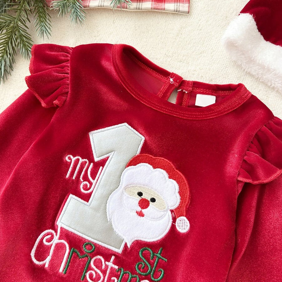 3PCS My 1st Christmas Letter Santa Embroidery Baby Girl Velvet Set