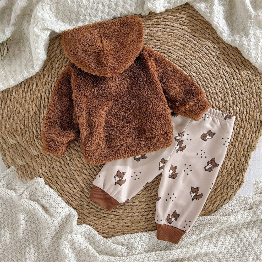 2PCS Cute Fox Print Plush Long Sleeve Baby Hooded Set
