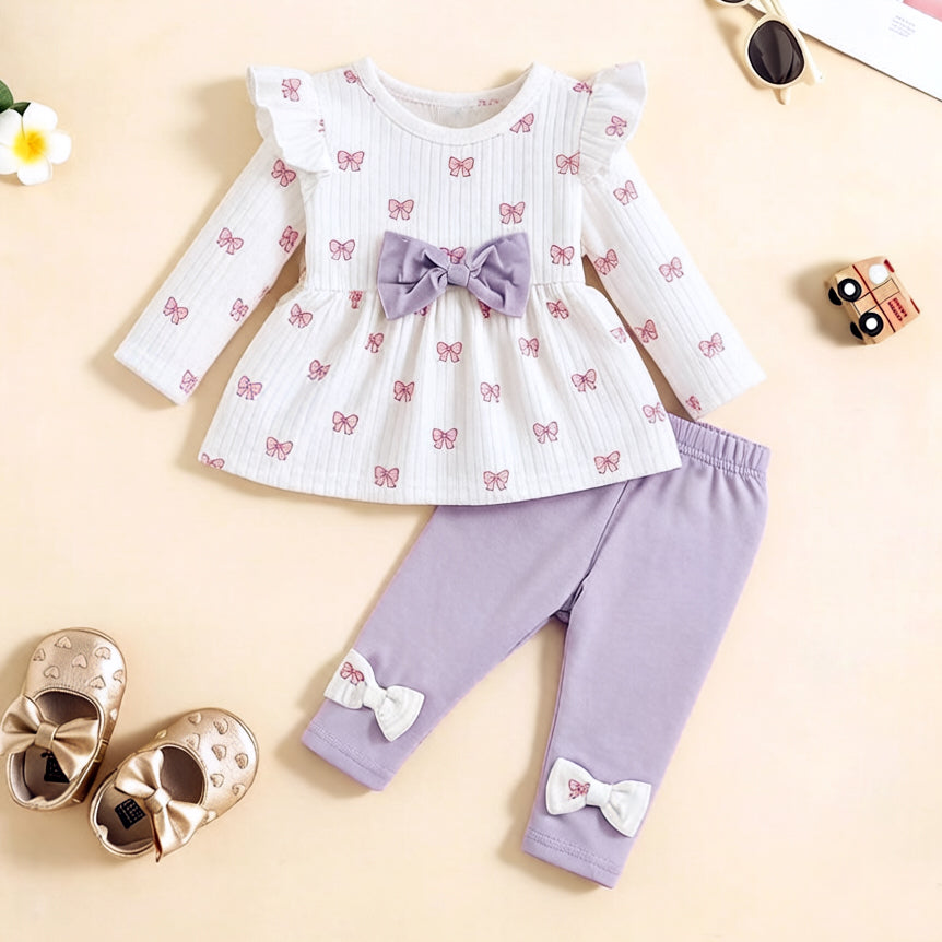 2PCS Dreamy Bow Print Long Sleeve Baby Girl Set