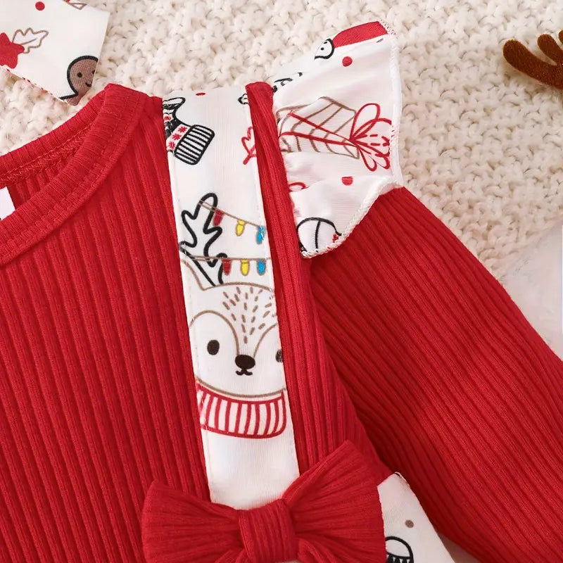 2PCS Christmas Animal Printed Long Sleeve Baby Jumpsuit