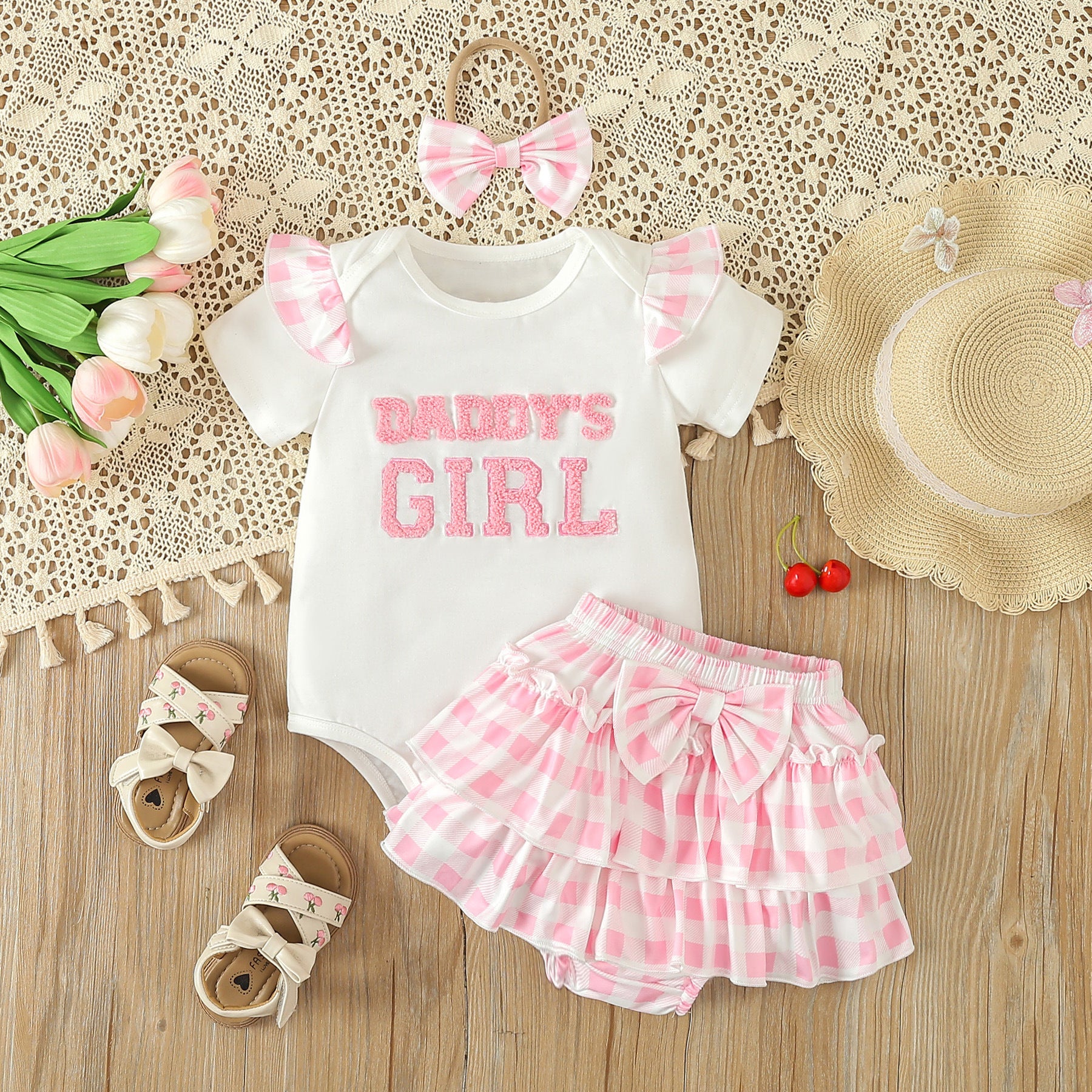 3PCS Daddy's Girl Letter Embroidery Plaid Printed Baby Set