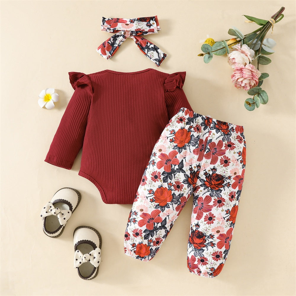 3PCS Comfy Floral Printed Long Sleeve Baby Set