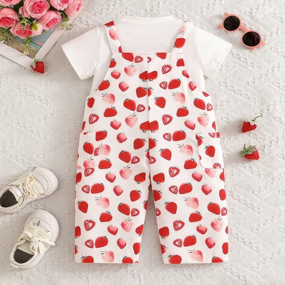 2PCS Cute Strawberry Print Short Sleeve Baby Set