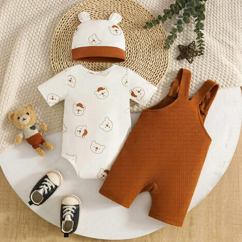 3PCS Cute Cartoon Bear Print Short Sleeve Baby Overalls Set