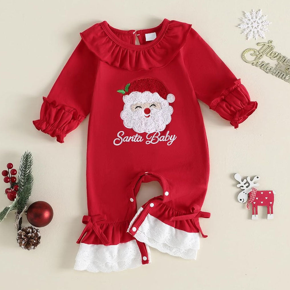 Christmas Letter Santa Claus Applique Baby Girl Jumpsuit