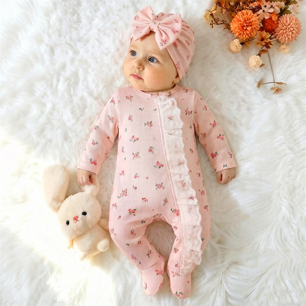 2PCS Delightful Floral Printed Ruffle Zipper Baby Jumpsuit