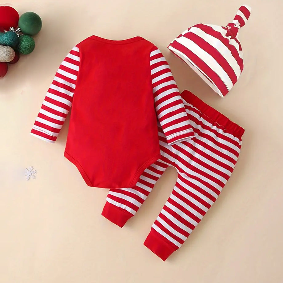 3PCS The Baby Who Stole Christmas Letter Stripe Printed Long Sleeve Baby Set