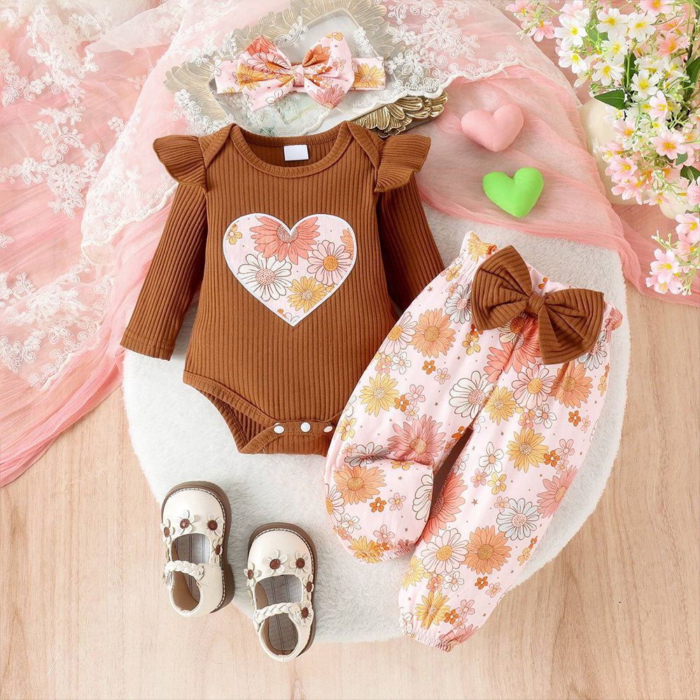 3PCS Stylish Floral Print Long Sleeve Baby Girl Set