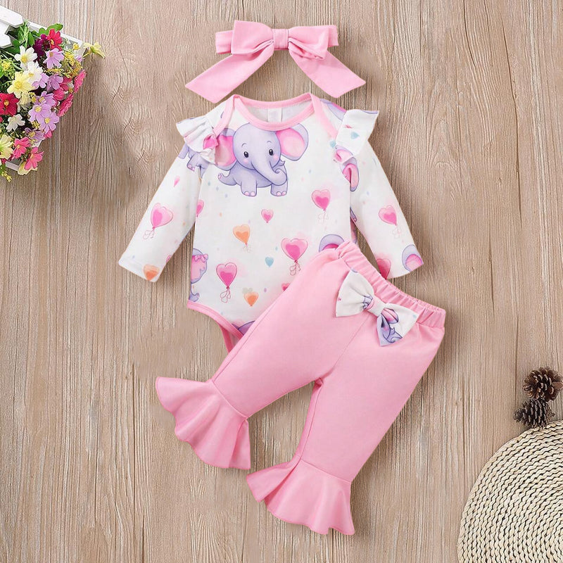 3PCS Pretty Elephant Heart Printed Bow Long Sleeve Baby Set