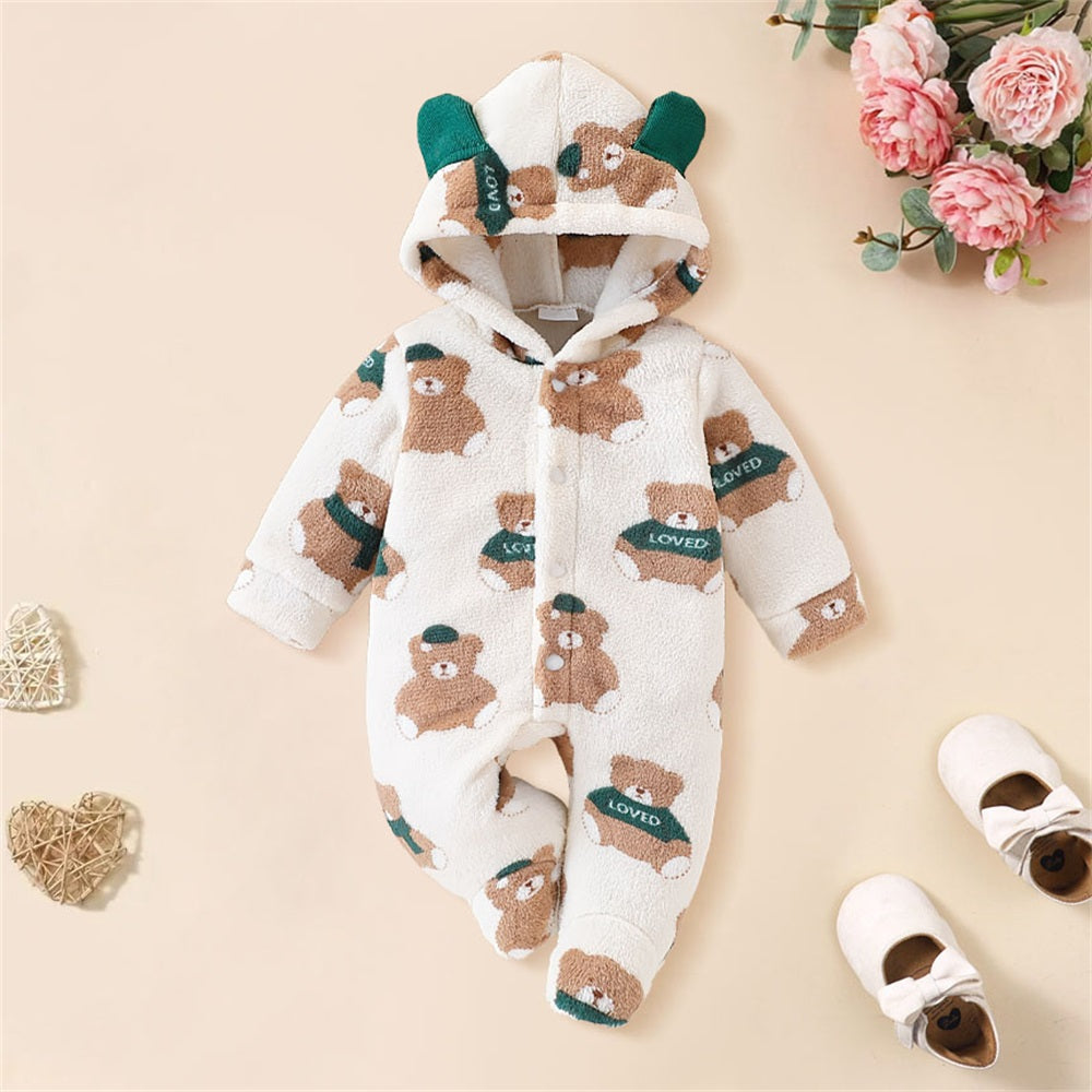 Plush Bear Print Long Sleeve Plush Hooded Jumpsuit