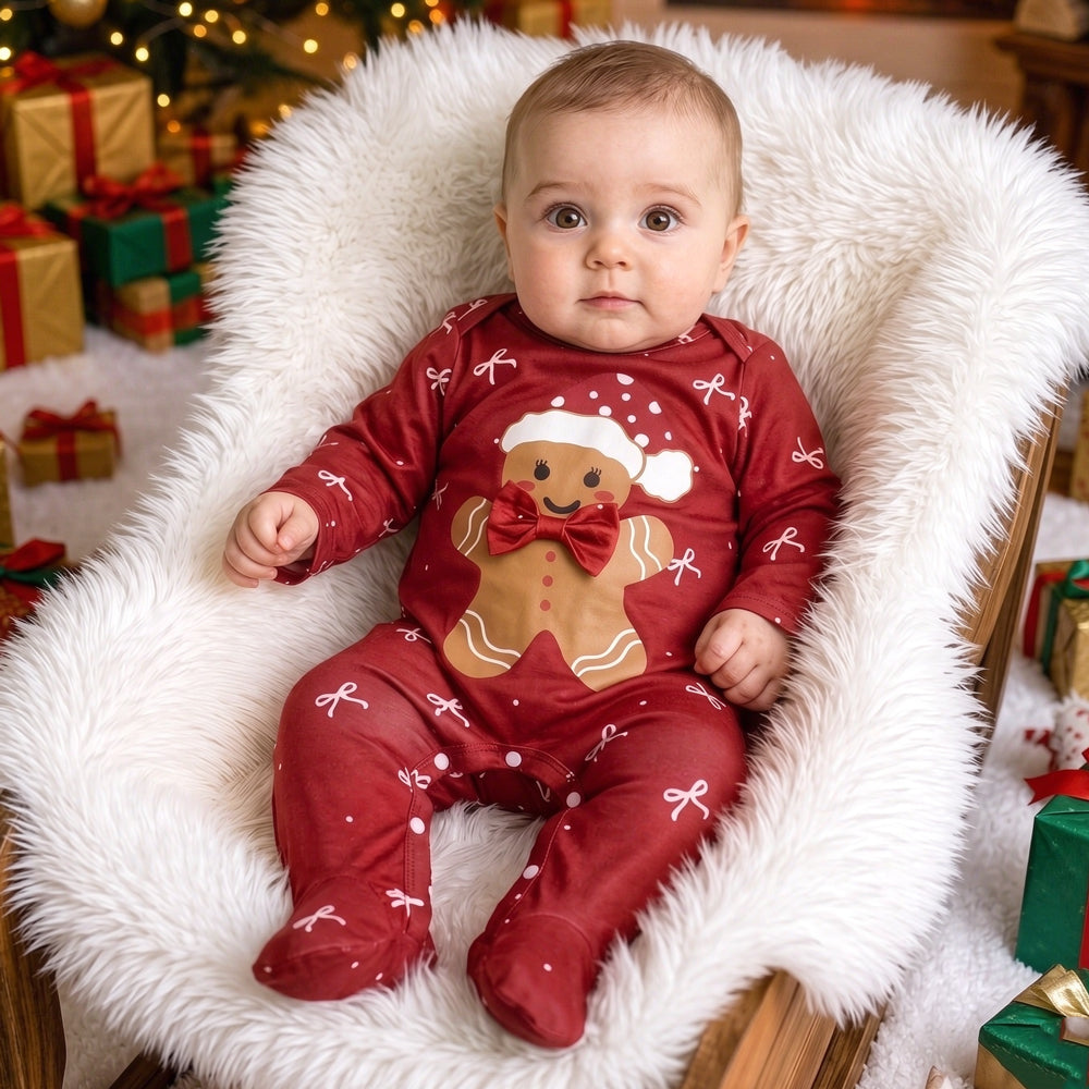 Lovely Gingerbread Man Bow Print Long Sleeve Baby Christmas Jumpsuit