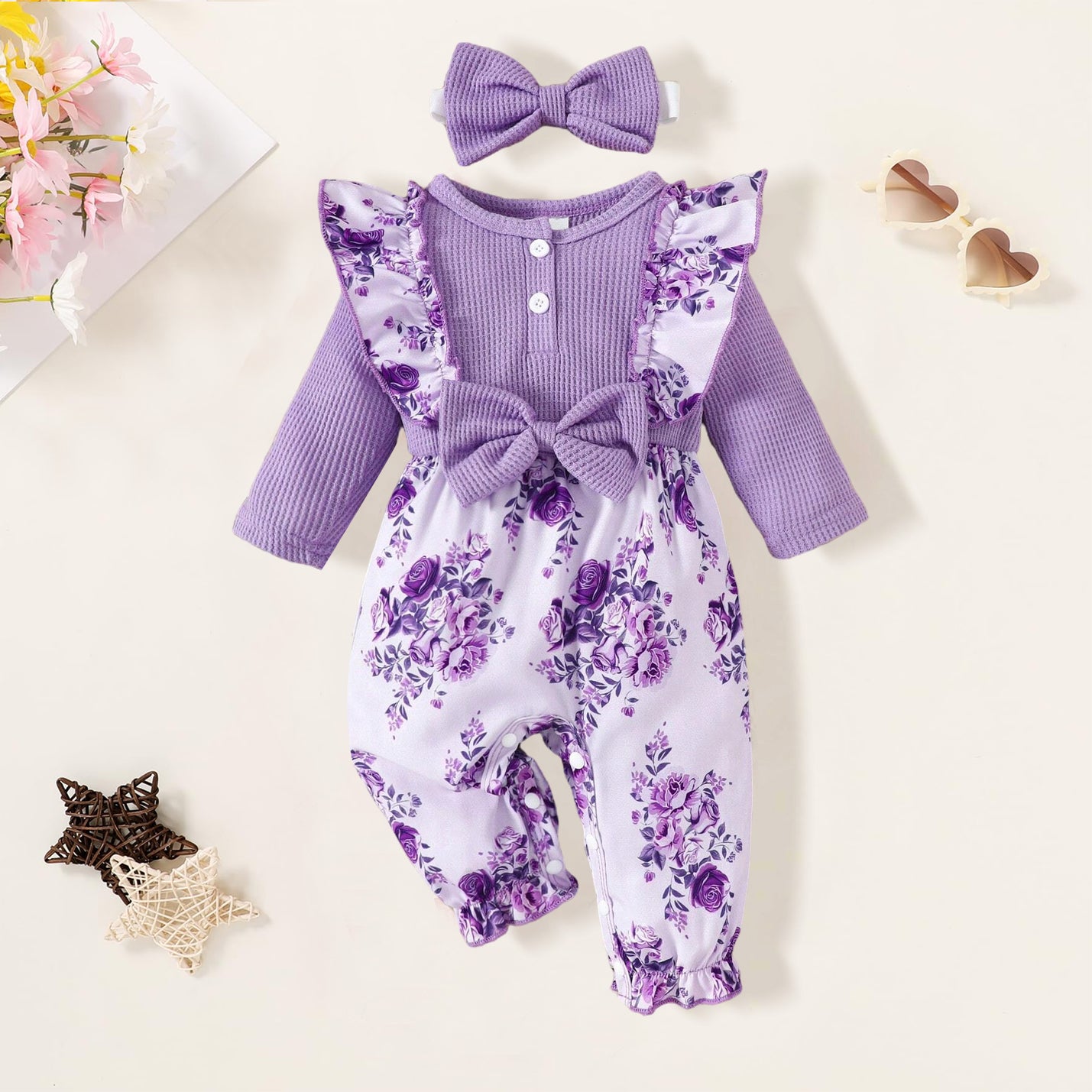 2PCS Elegant Floral Printed Bow Long Sleeve Baby Girl Jumpsuit