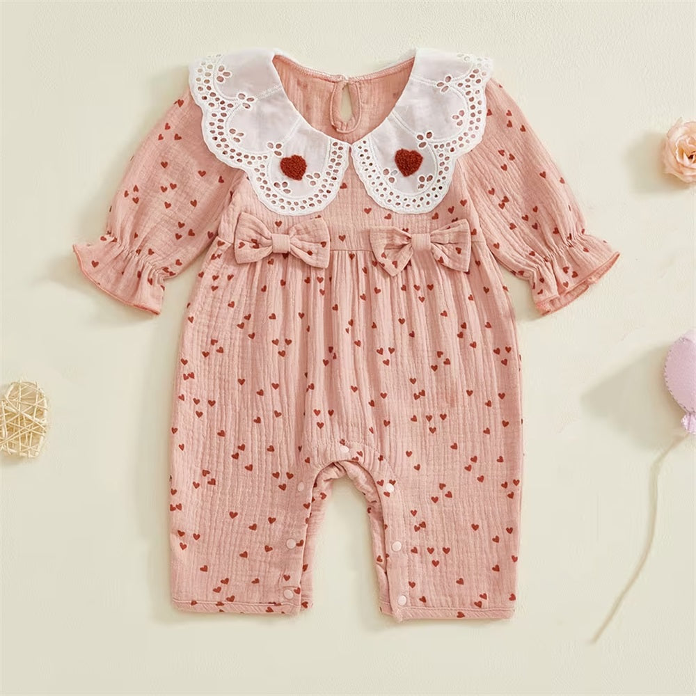 Cute Heart Print Flared Long Sleeve Baby Jumpsuit