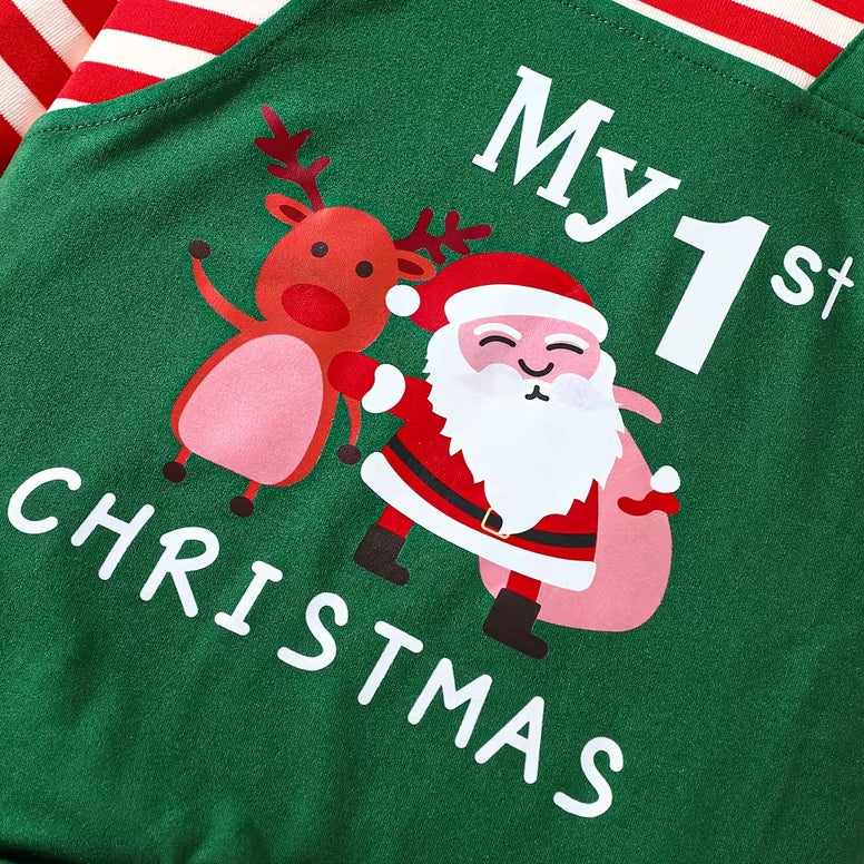 2PCS My 1st Christmas Letter Santa Stripe Print Faux Layering Baby Jumpsuit