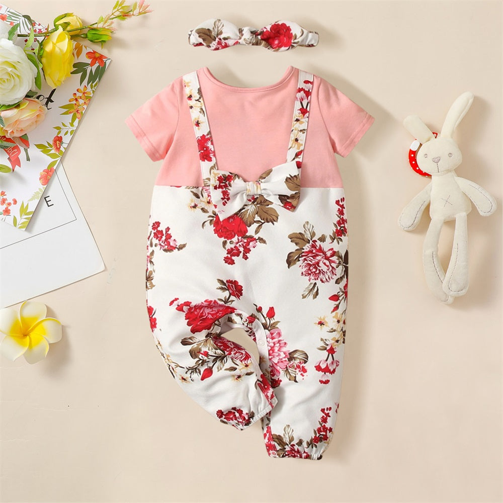 2PCS Floral Printed Bow Decoration Short Sleeve Baby Jumpsuit