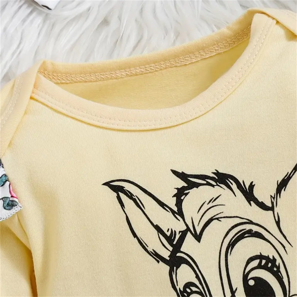 3PCS Floral and Deer Print Long Sleeve Baby Set