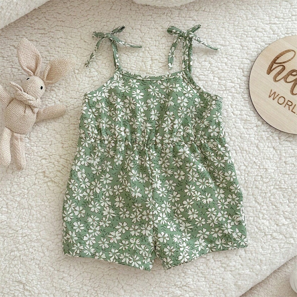 2PCS Trend Floral Printed Sleeveless Baby Jumpsuit
