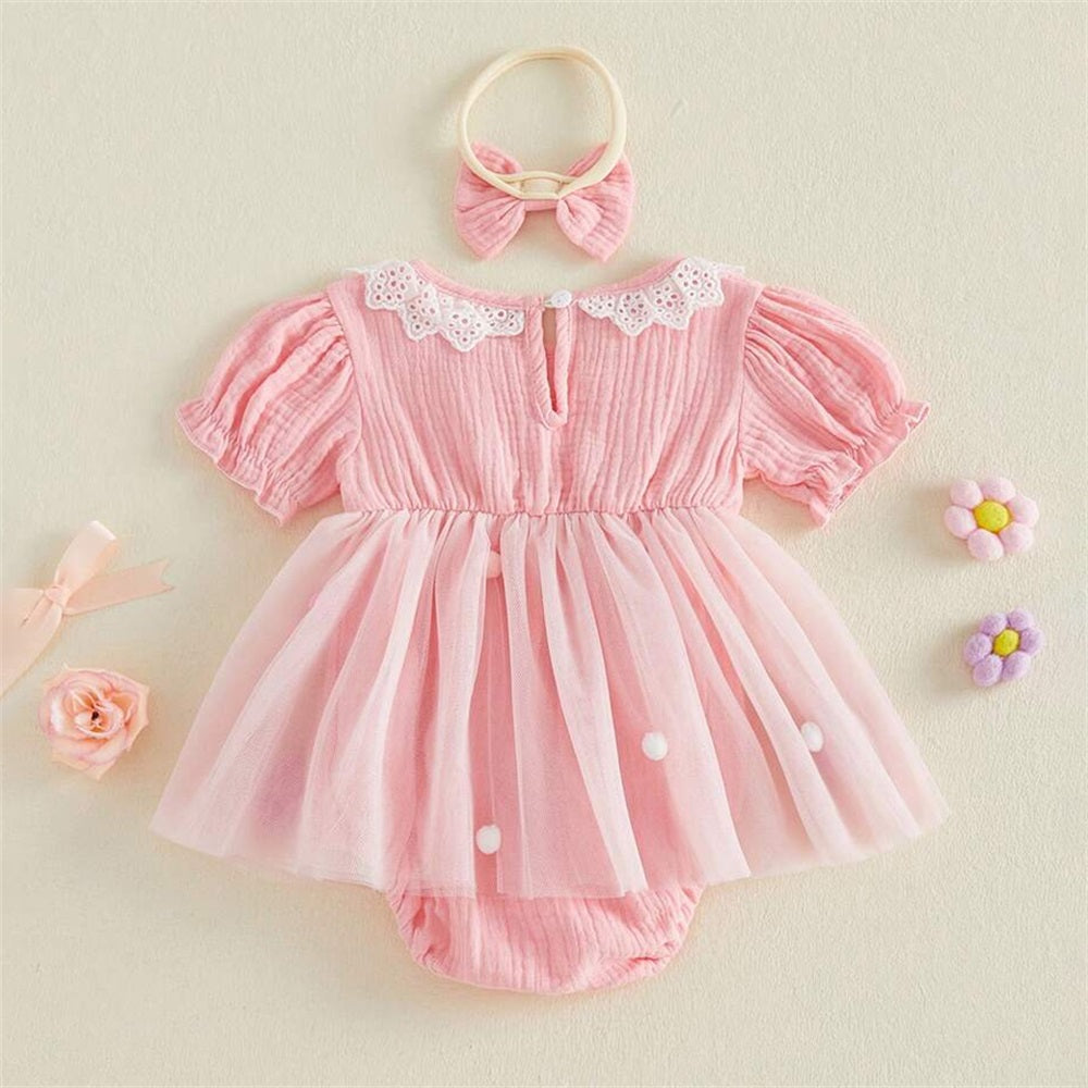 2PCS Sweet Floral Embroidery Short Sleeve Tulle Baby Romper