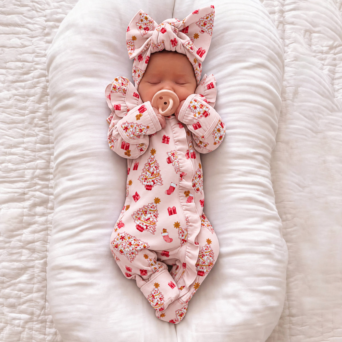 2PCS Baby Girl Christmas Tree Print Ruffle Long Sleeve Zipper Jumpsuit