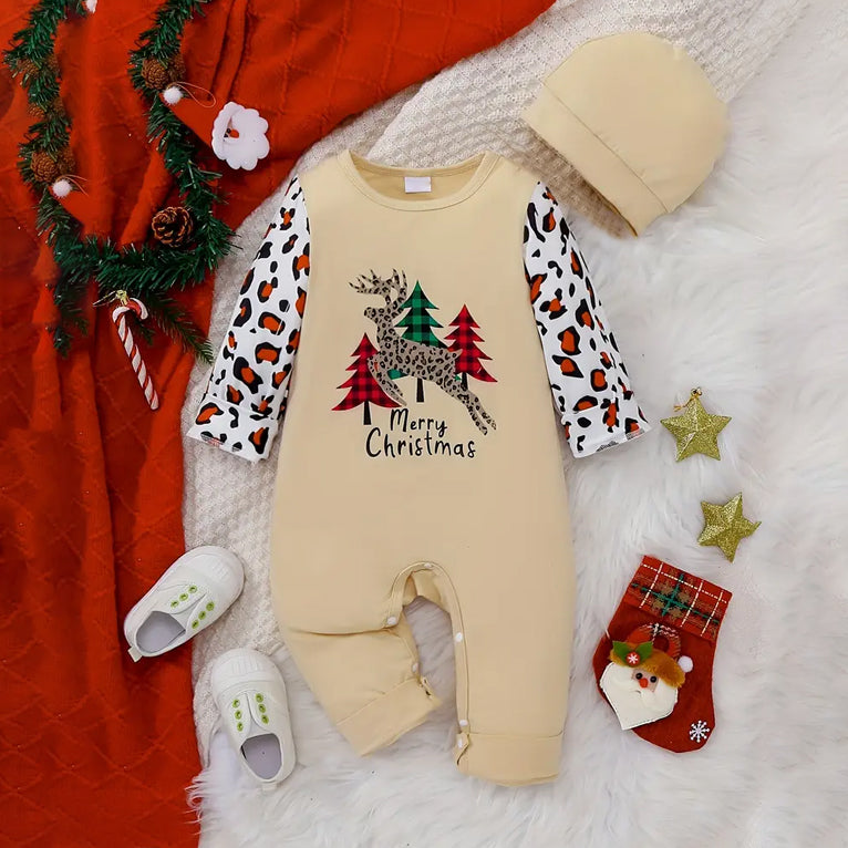 2PCS Merry Christmas Letter Leopard Printed Baby Jumpsuit