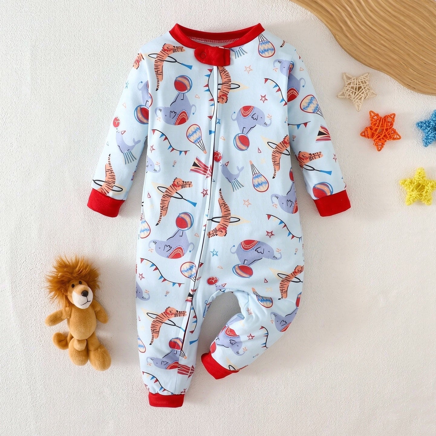 Cute Circus Animal Print Long Sleeve Zipper Baby Jumpsuit