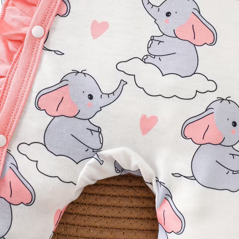 2PCS Elephant Heart Print Long Sleeve Baby Jumpsuit