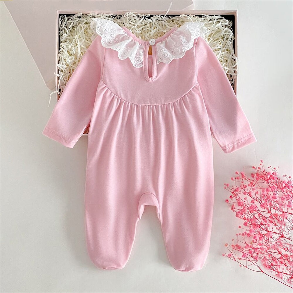 Winsome Solid Color Long Sleeve Lace Baby Girl Jumpsuit