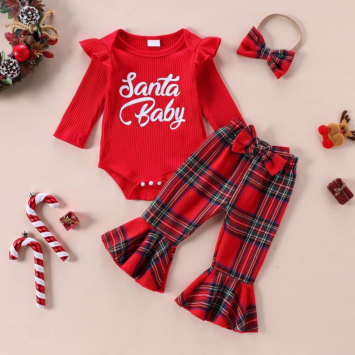 3PCS Christmas Santa Baby Letter Plaid Printed Baby Set