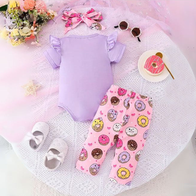 3PCS Happy Donuts Letter Printed Short Sleeve Baby Set