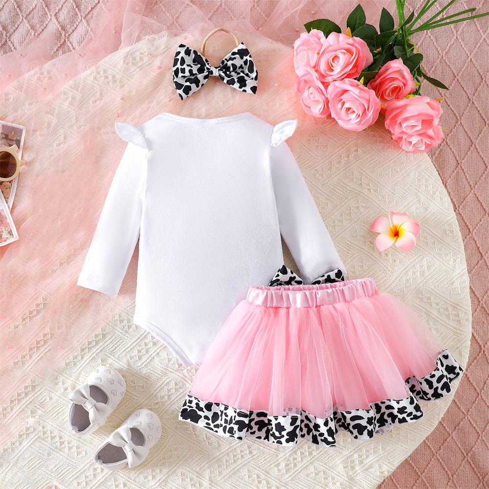 3PCS Halt Way To One Letter Print Long Sleeve Baby Girl Set