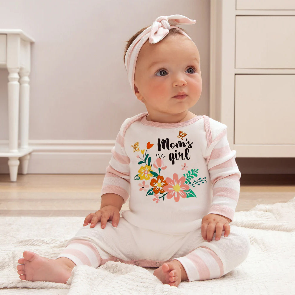 Lovely Mom's Girl Letter Floral Printed Long Sleeve Baby Jumpsuit